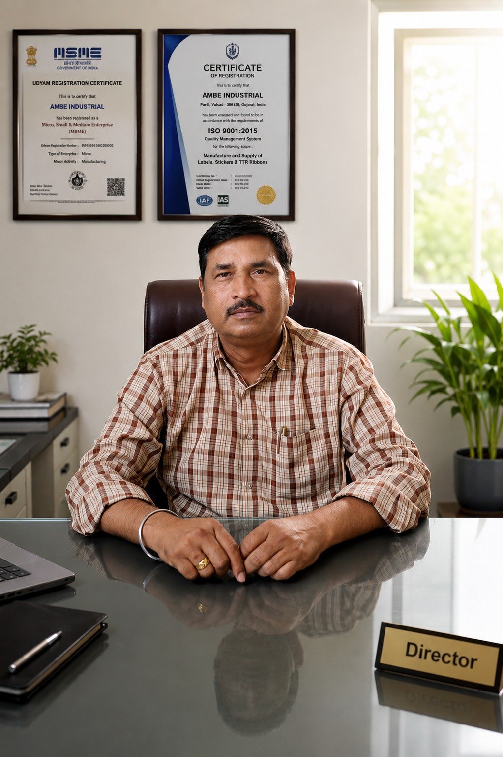 Director of Ambe Industrial seated at the office desk